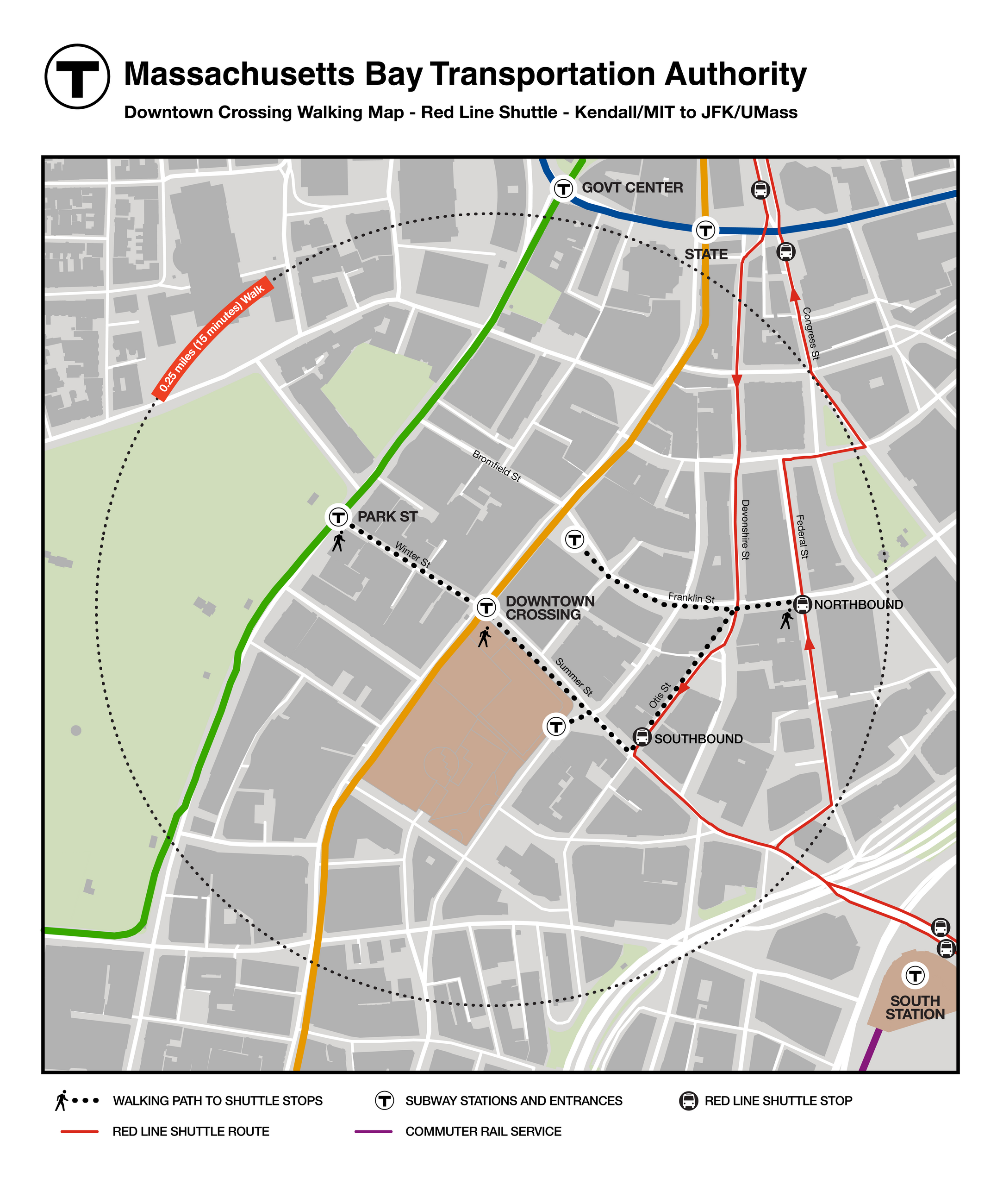 A map of Downtown Crossing shows walking routes to Red Line shuttle stops. The southbound shuttle is at Otis and Summer streets. The northbound shuttle is at Franklin and Federal streets.