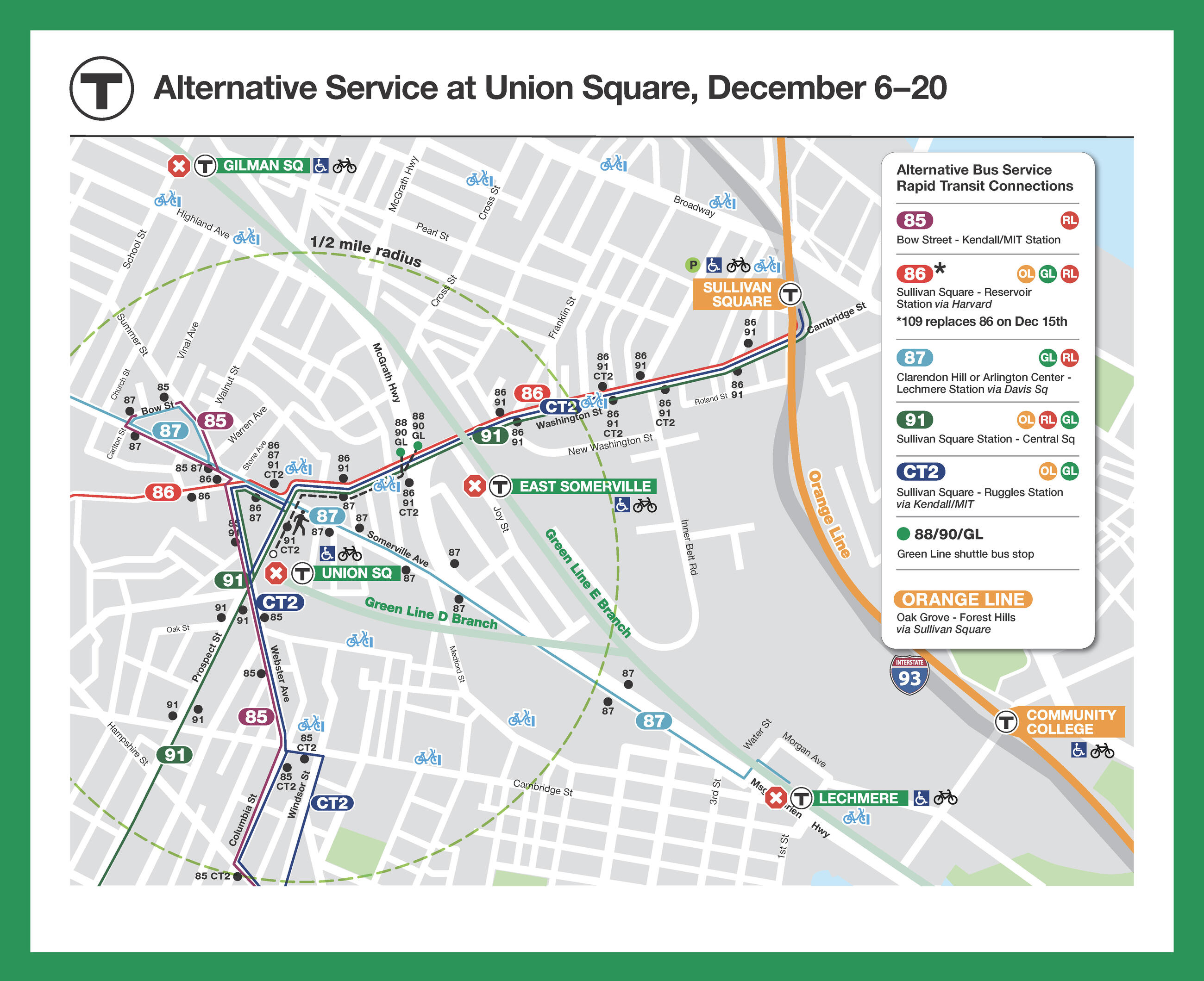 A map shows bus routes within a half-mile radius of Union Square station, including the 85, 86, 87, 91, and CT2.