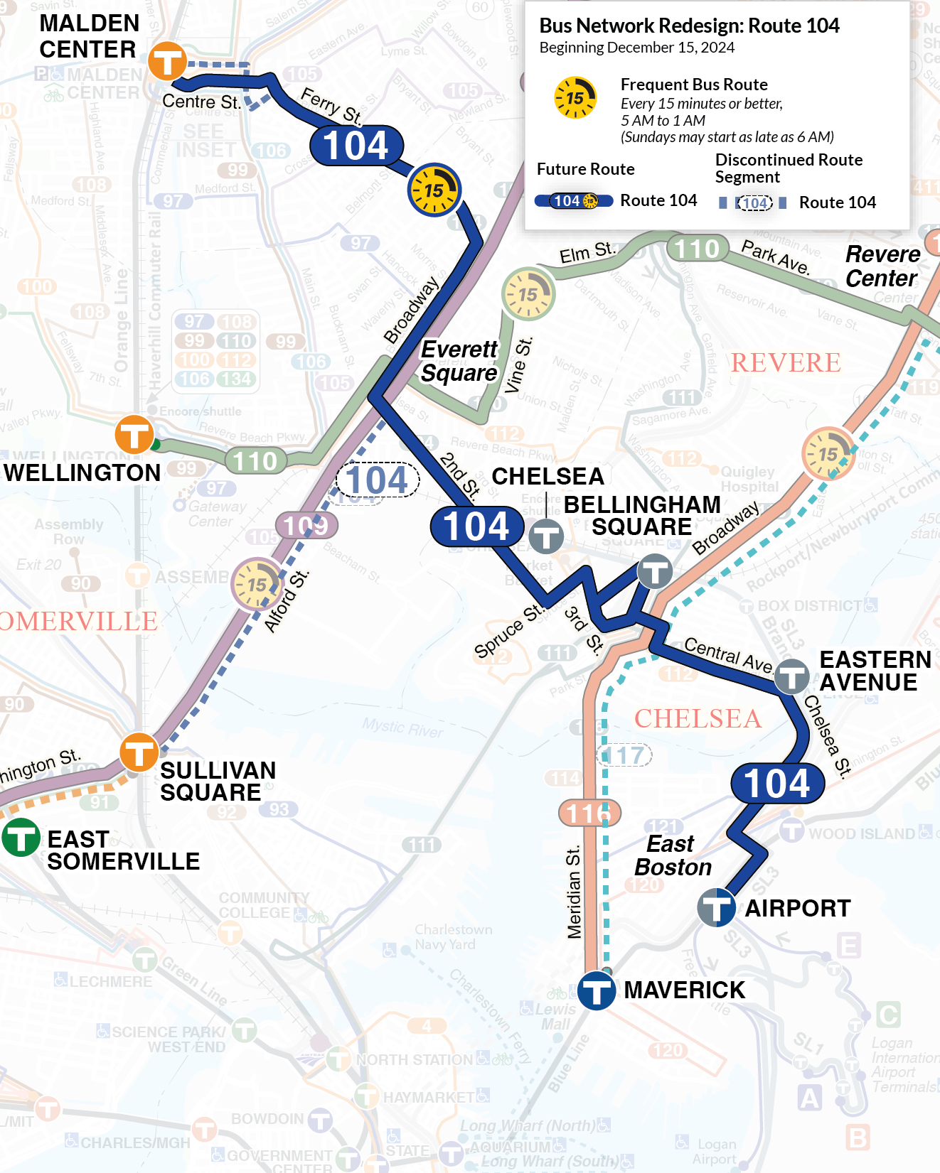 A map shows various bus lanes. Route 104 is blue and showcases the new route connecting Malden Center to Airport Station