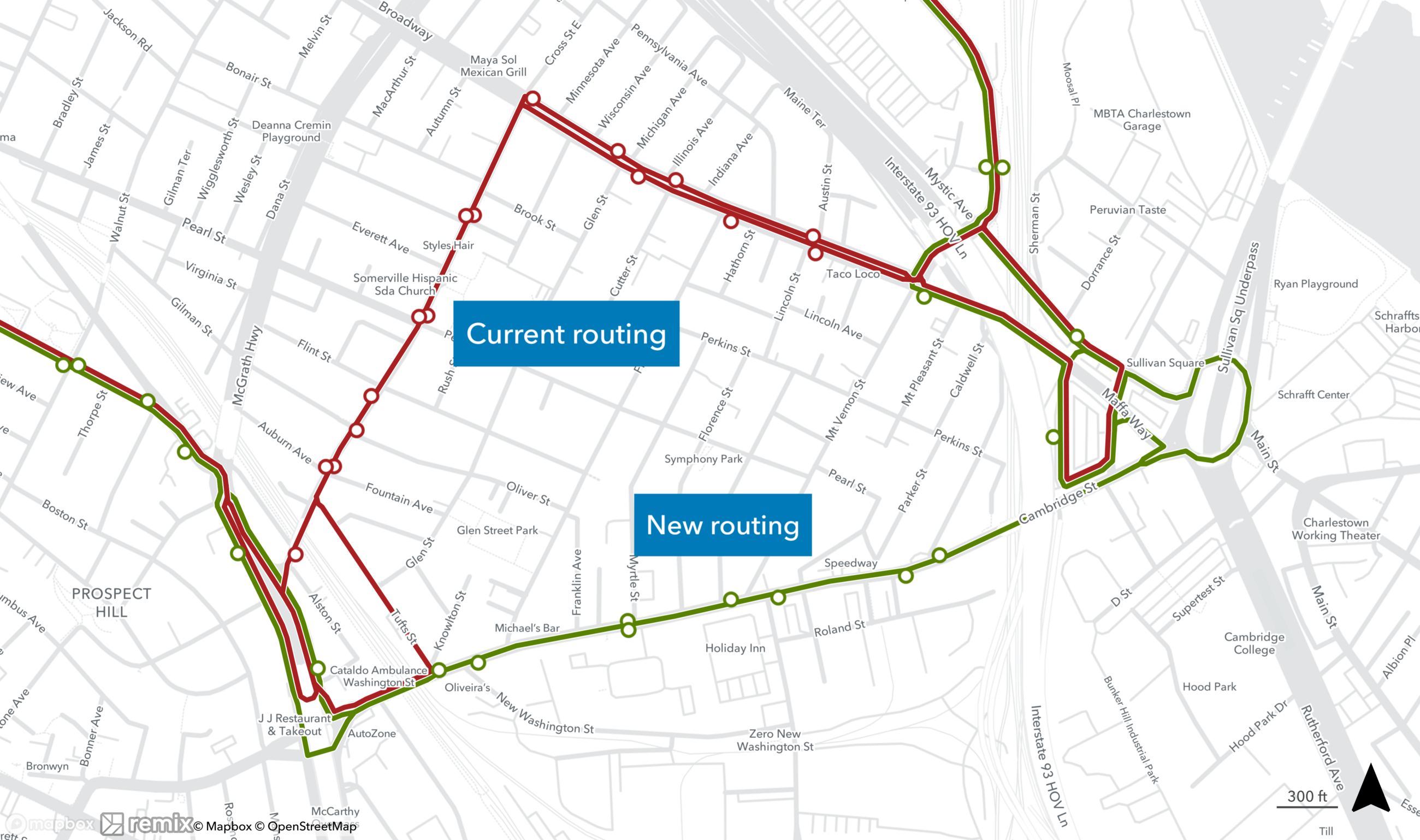 A map shows the 90's current route in East Somerville in red, on Broadway, Cross St, and Tufts St, and its new route in green, on Washington St. 