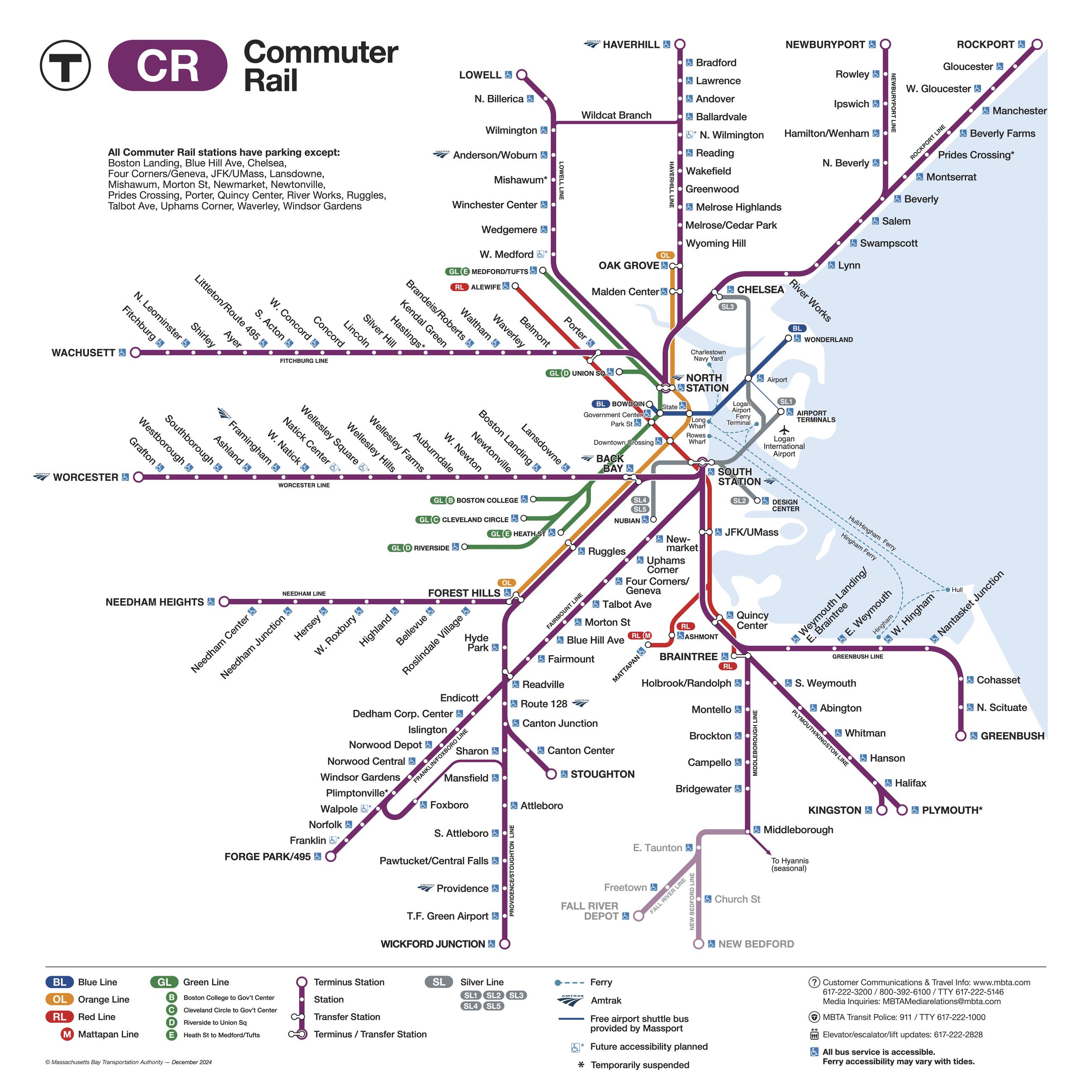 Map of Commuter Rail lines across eastern Massachusetts