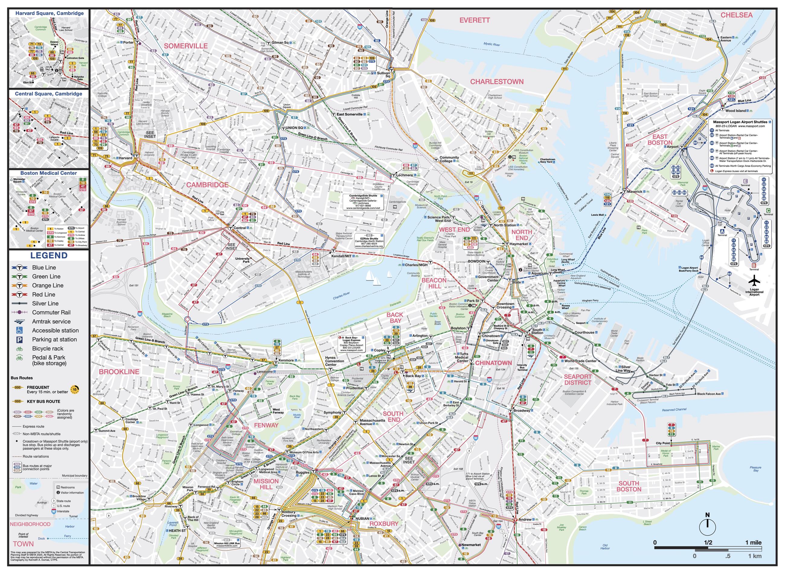 Map of Downtown Boston with subway, bus, and Commuter Rail stops and routes