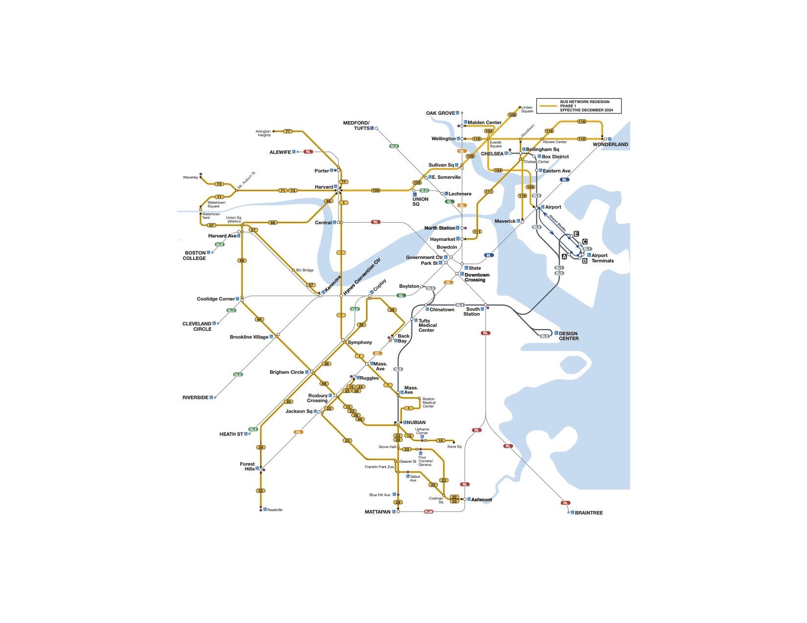 A map shows about a dozen frequent bus routes across greater Boston. 