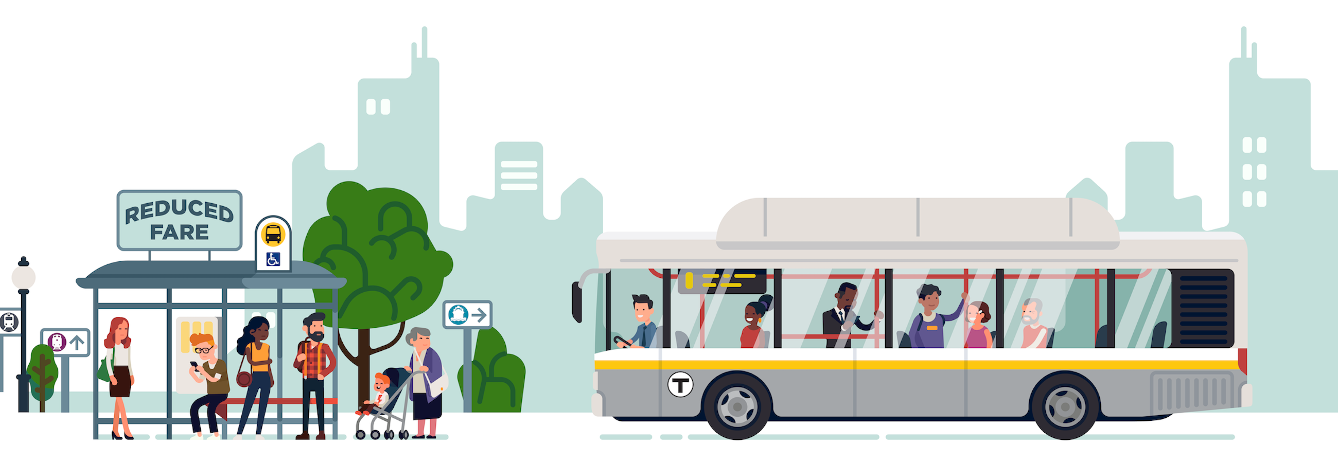 An illustrated image shows an MBTA bus arriving at a bus stop with a Reduced Fare sign and many happy riders on board and waiting to board