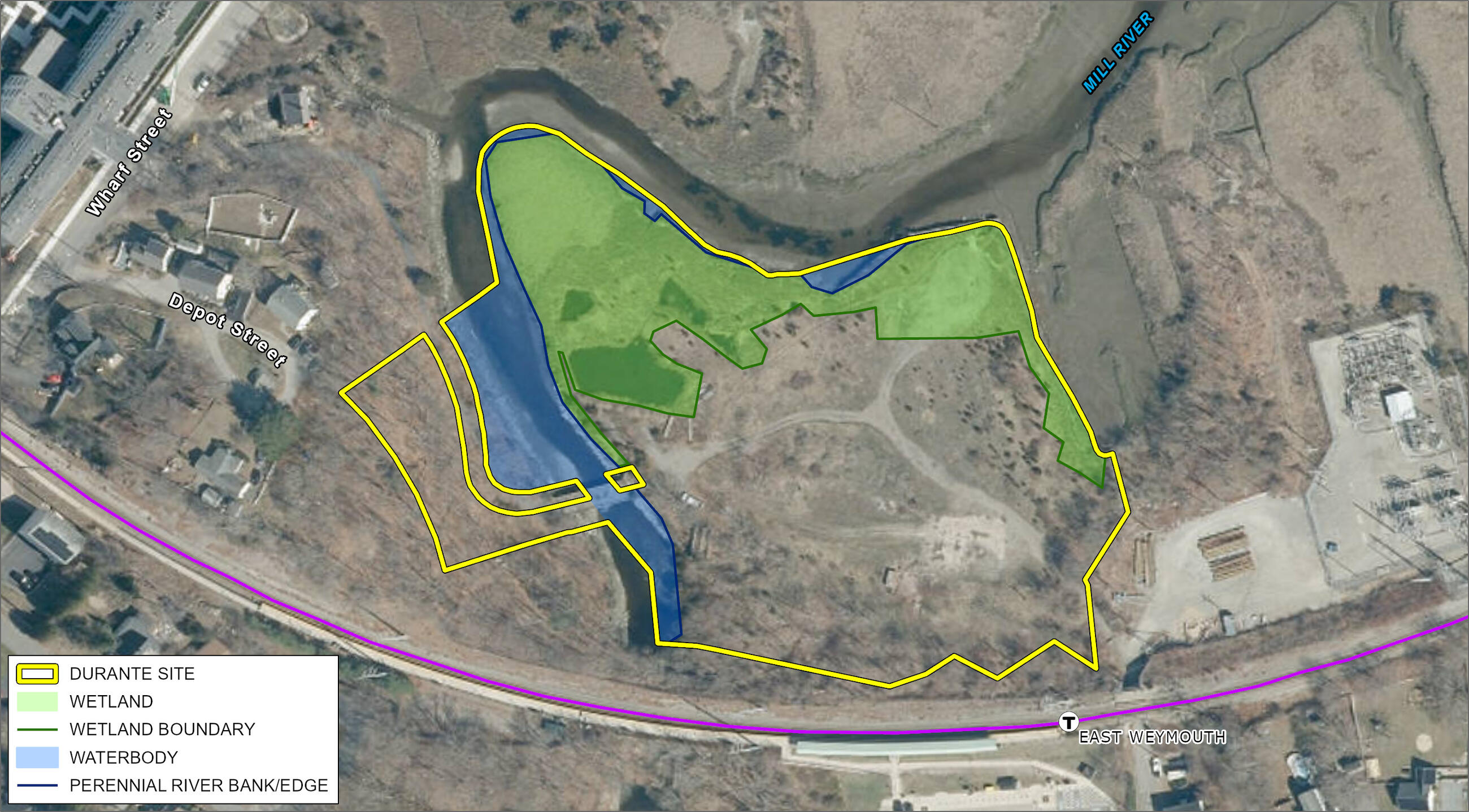 Aerial map with the Durante lot outlined in yellow. East Weymouth station and a purple Commuter Rail line are south of Durante, with Wharf St and Depot St northwest of it. Mill River runs along Durante's northern boundary and within some of the western boundary. The northern part of Durante is the wetland, colored and outlined in green. The western part of Durante and some of the north are a waterbody and perennial river bank, colored and outlined in blue.