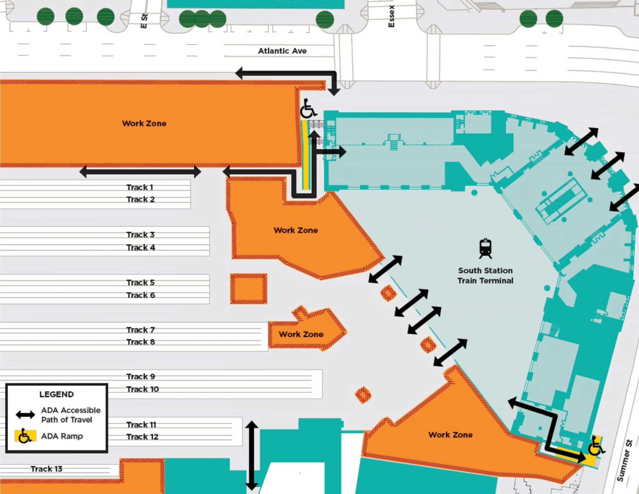 The graphic shows the new work zones and the accessible paths of travel at the ends of tracks 5 through 10. It also shows the reopened ramp and stairway at Atlantic Avenue. 