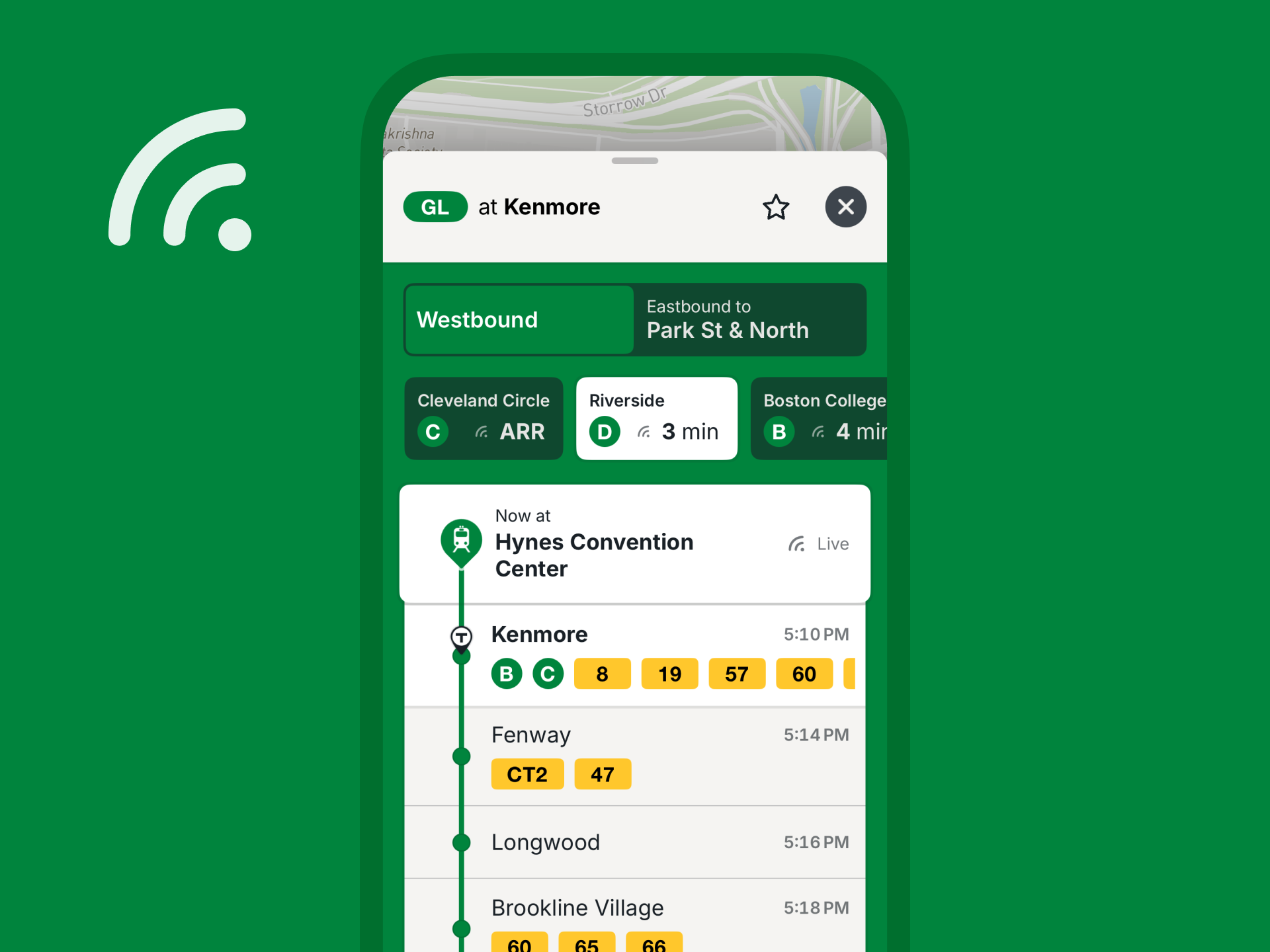 A screenshot of the MBTA Go live arrival times feature, showing a list of Green Line vehicles and when each will arrive at Park Street station.