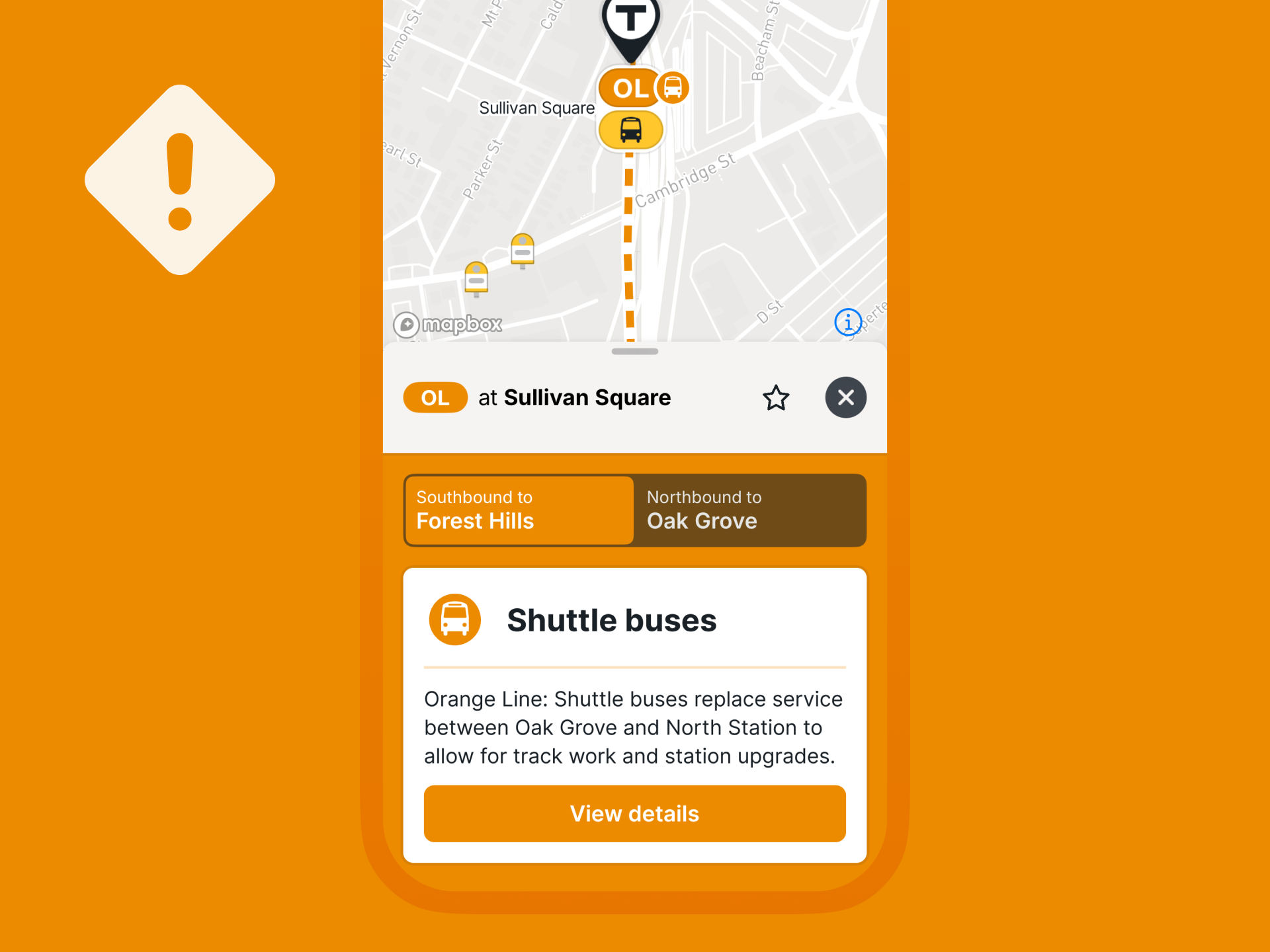 A screenshot of the MBTA Go service alerts feature, with an Orange Line disruption at Sullivan Square indicated on a map and in a written service alert.