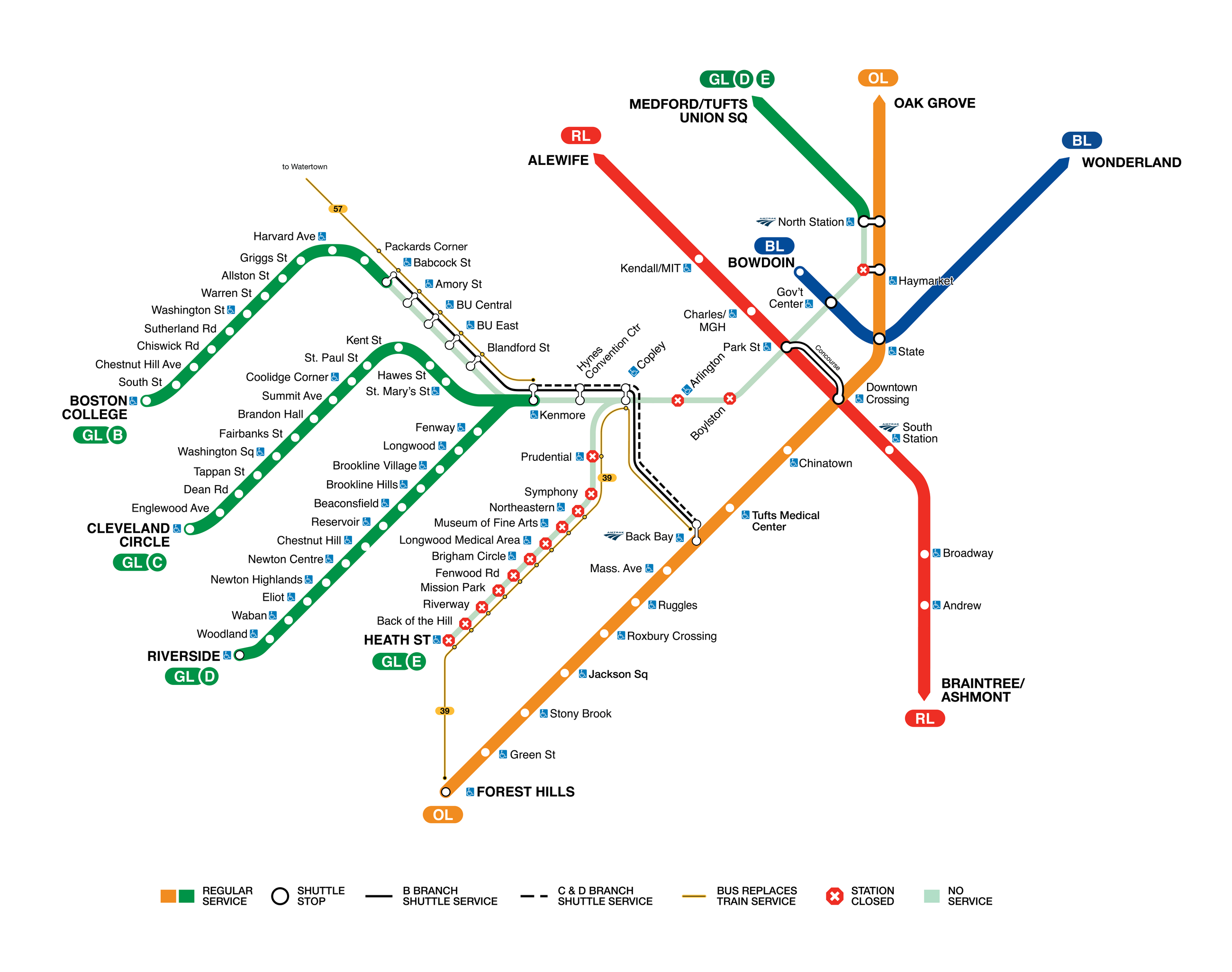 Diversion diagram of Green Line closure on all branches with shuttle stops and closed stations marked