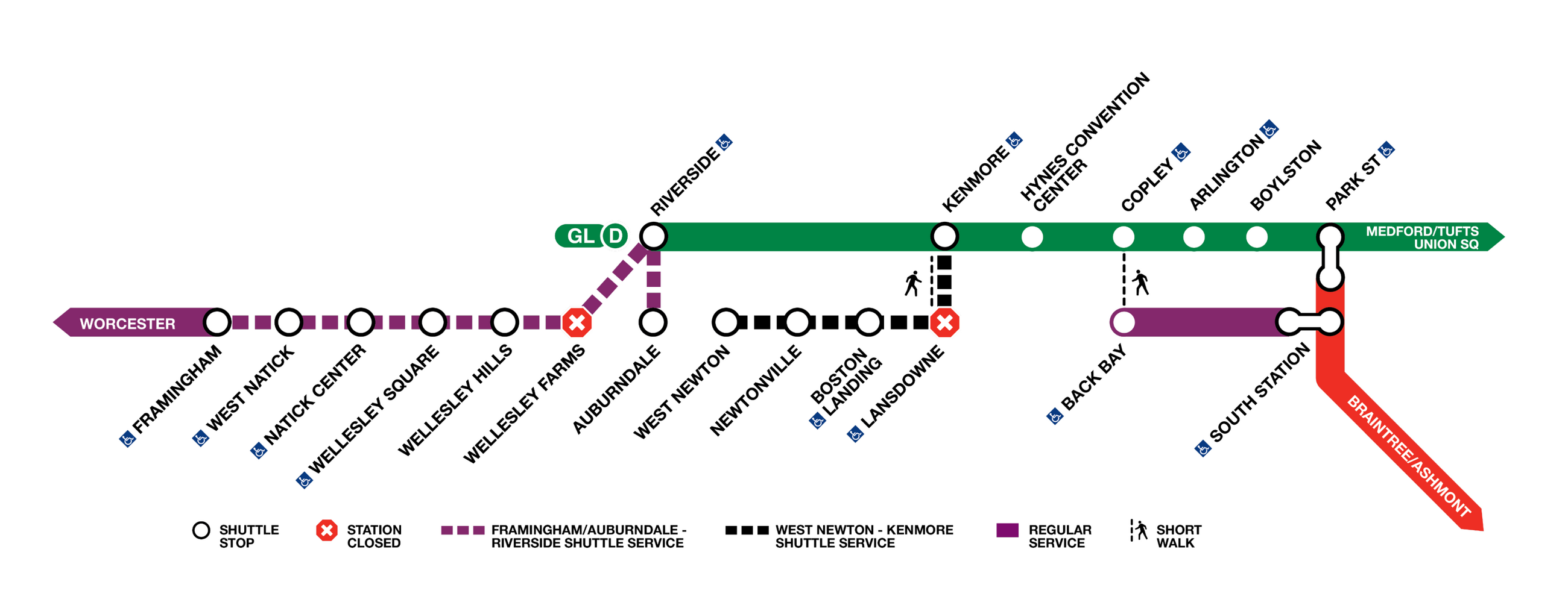 Shuttle stops for the Worcester Line closures