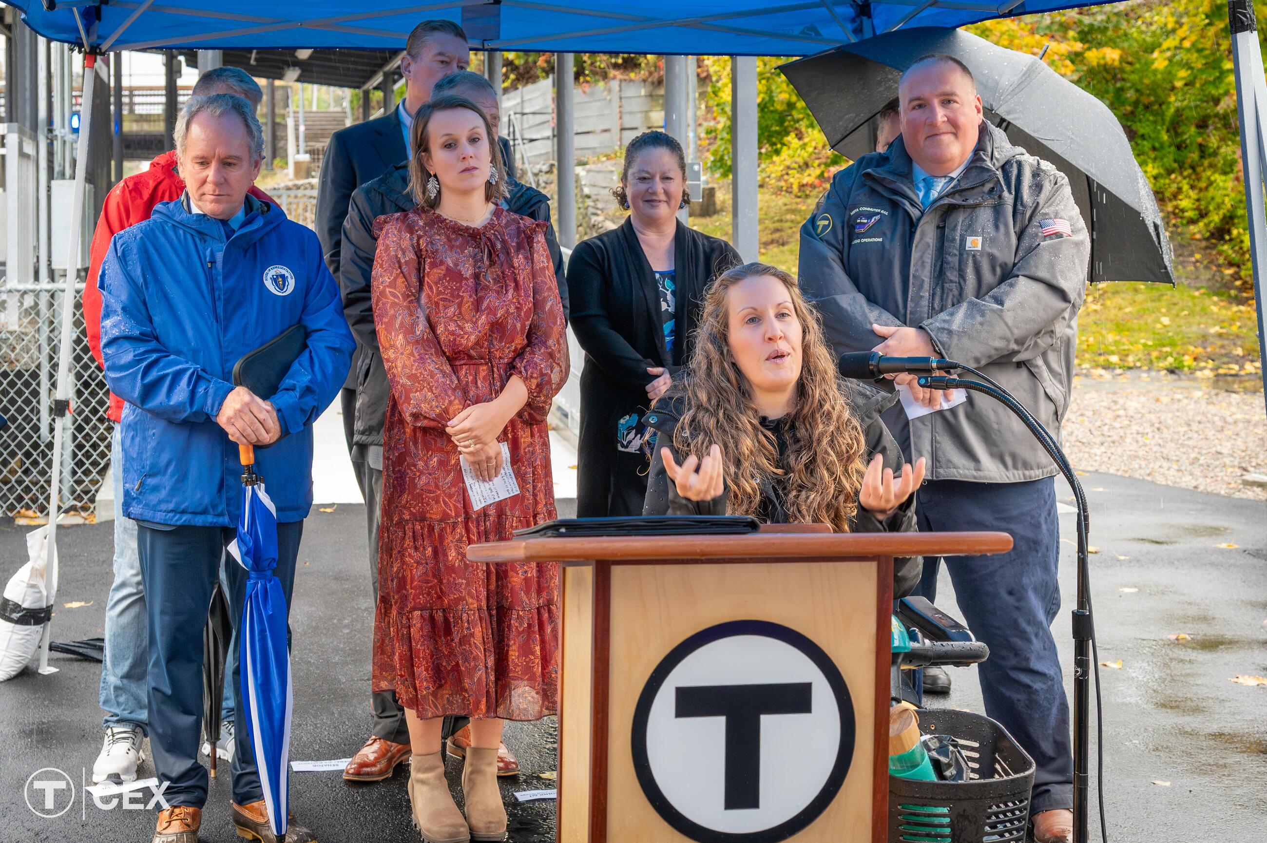  Franklin Commission on Disability Chairperson Ali Rheaume speaks during the ribbon cutting event at Franklin Station.   