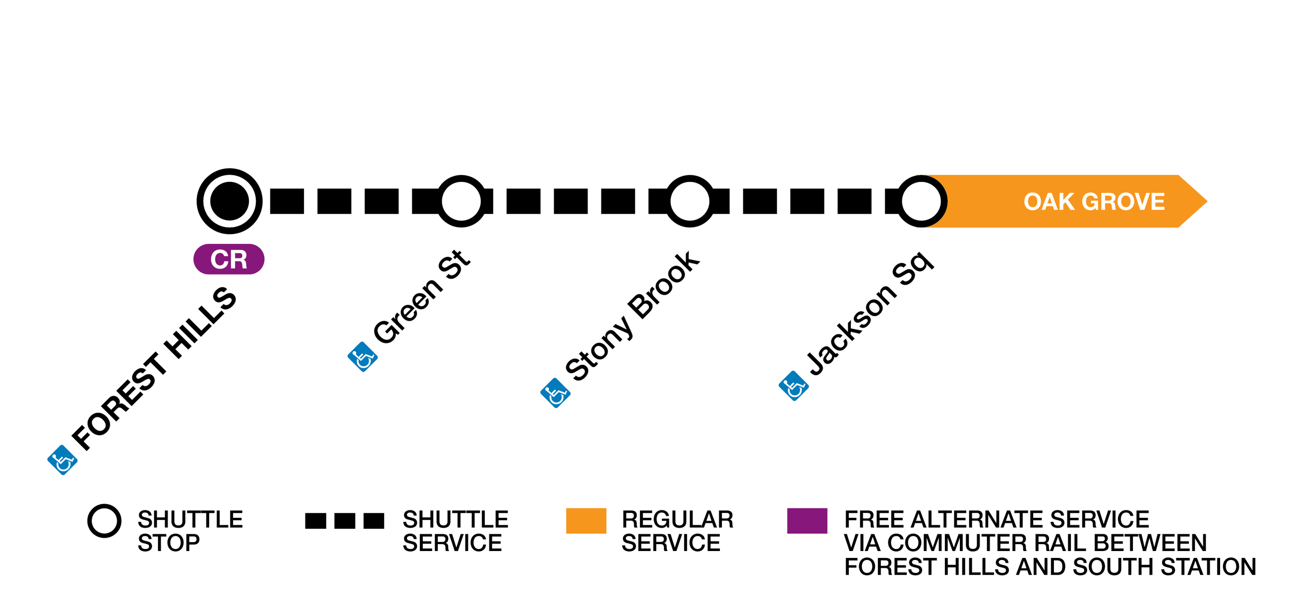 Alternative service during the Orange Line work between Forest Hills and Jackson Sq on February 14-16