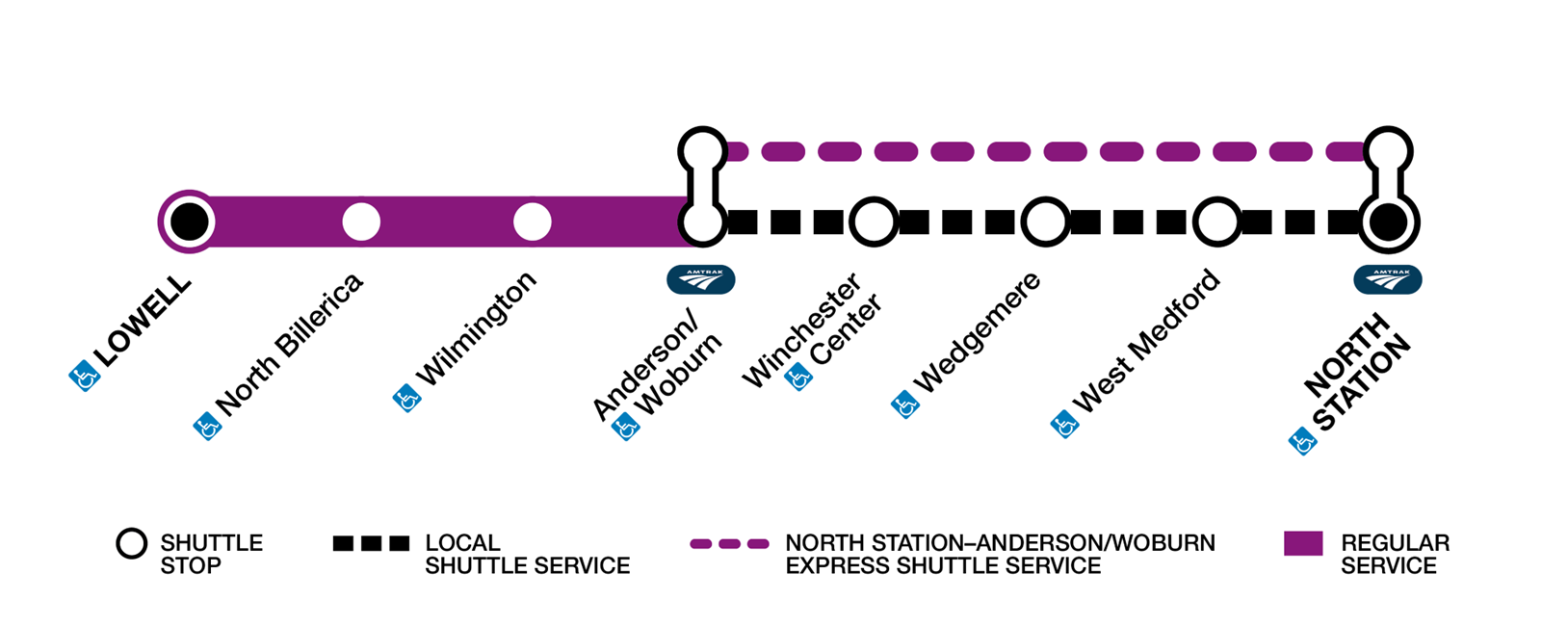 Shuttle bus map which will replace service between North Station and Anderson/Woburn
