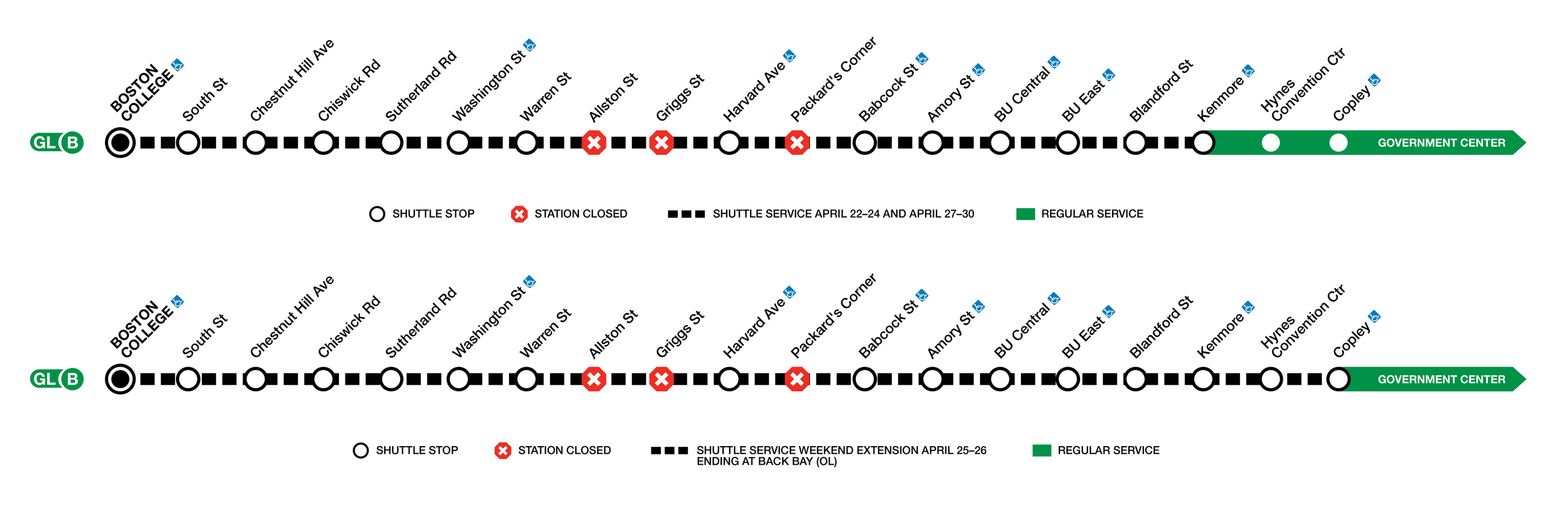 Shuttle bus stops during the work on the B Branch - April 22-30