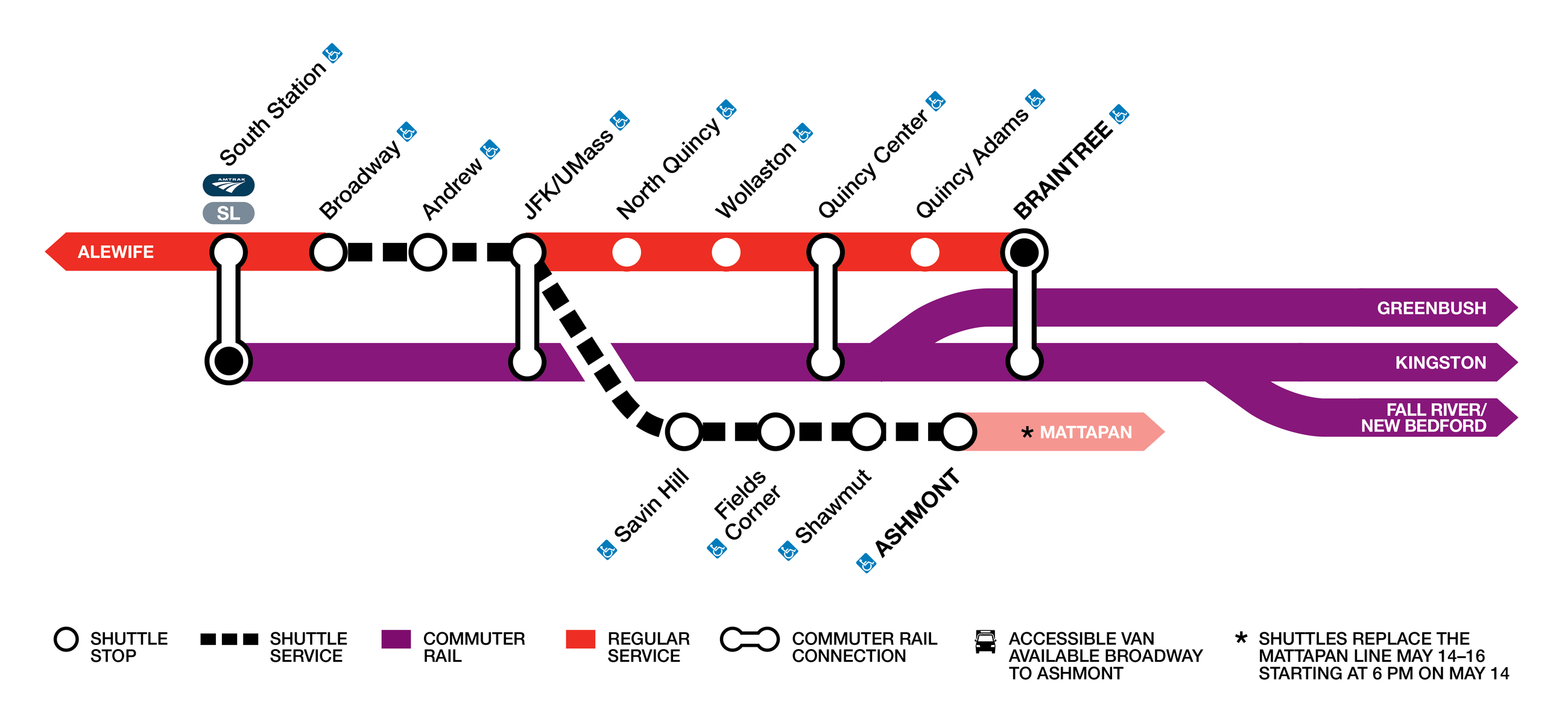 Alternative service options during the work on the Red Line Between Broadway and Ashmont, May 14-18