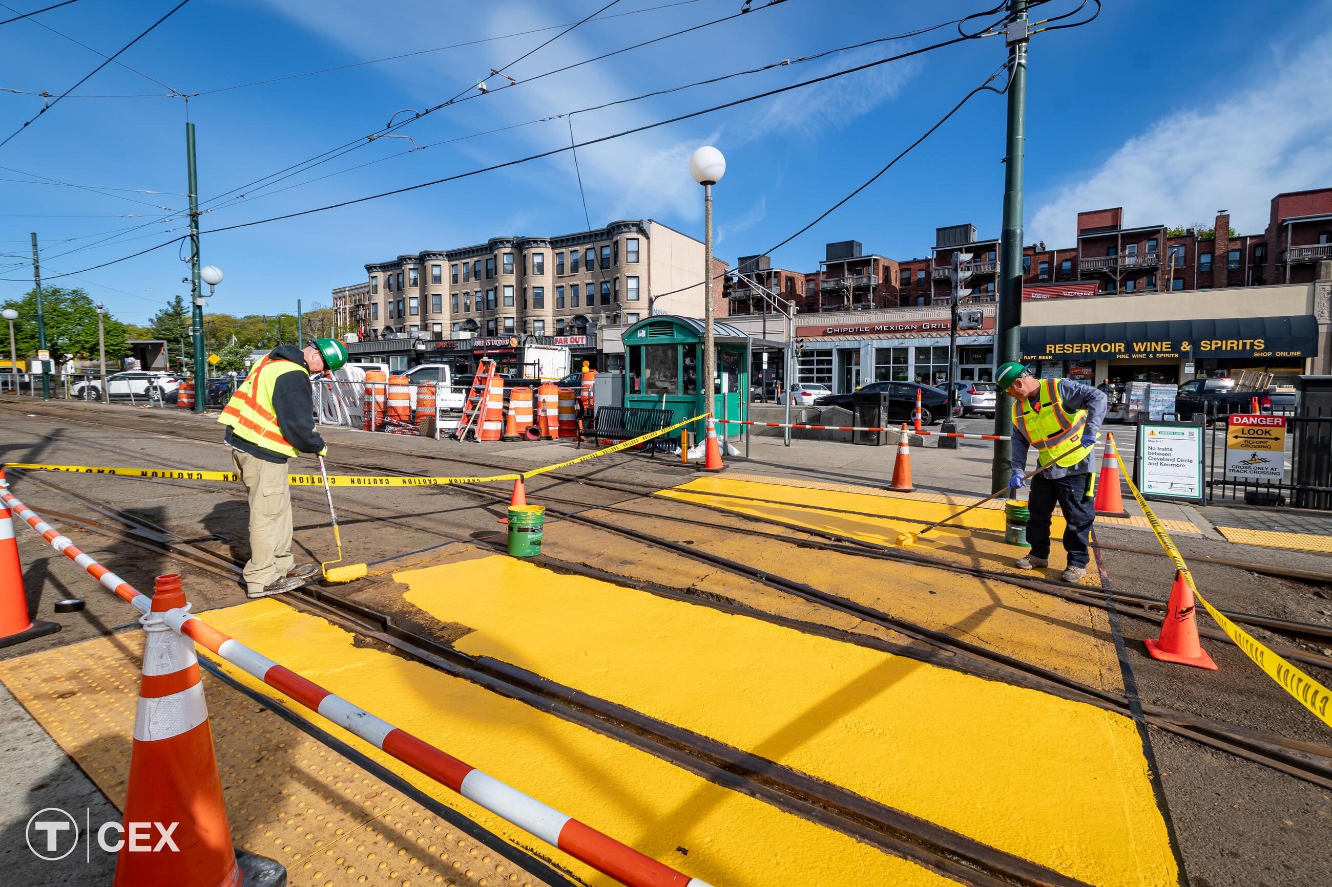 Bright yellow paint is along a crossing