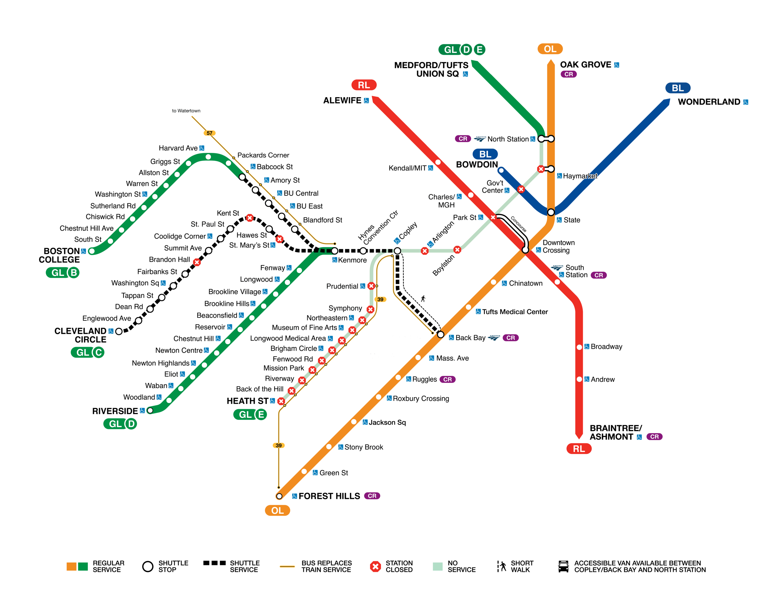 Shuttle stops and closed stations for the August 2026 Green Line closure