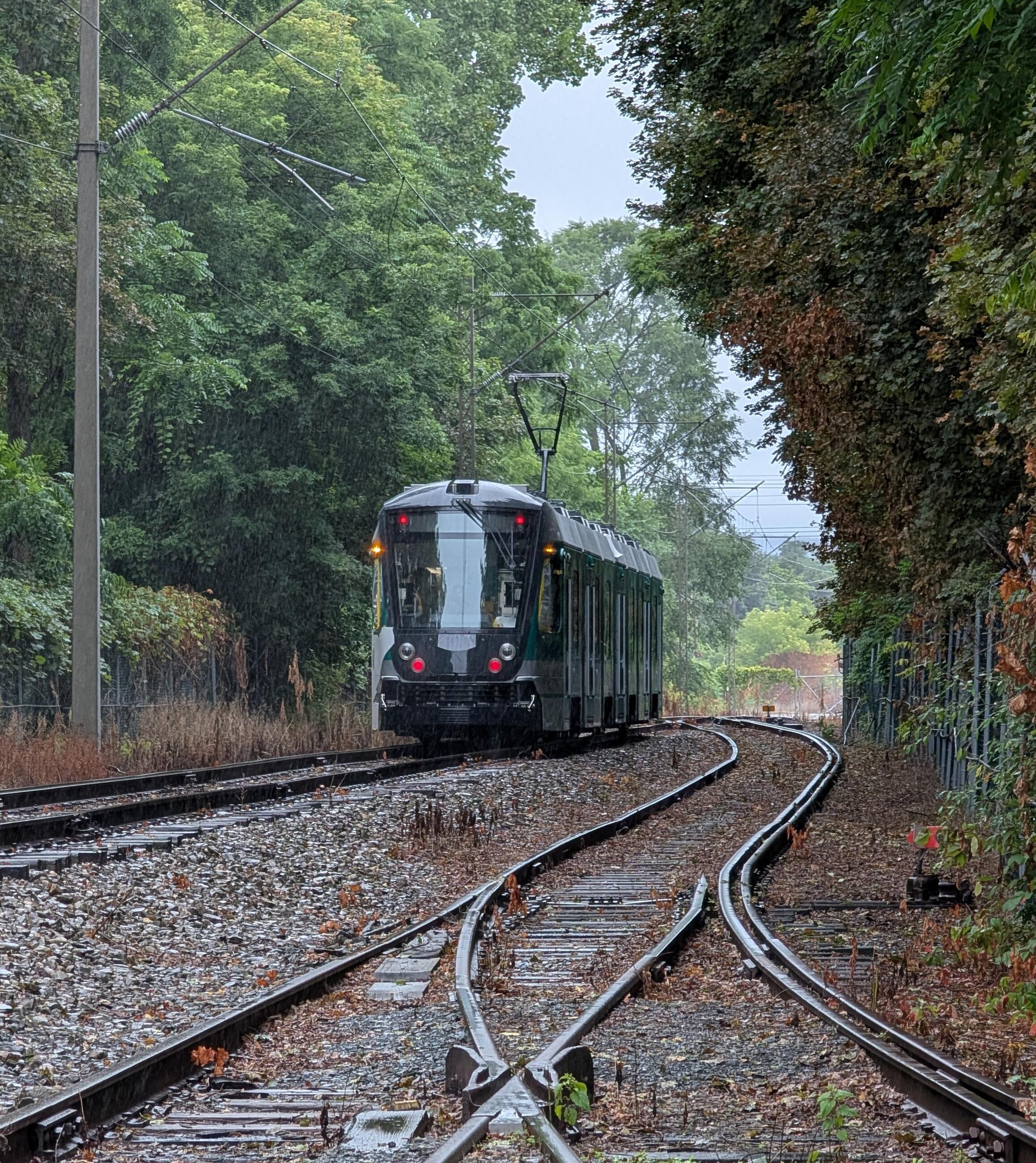 New Type 10 Green Line vehicle being tested on tracks at the manufacturing facility in Elmira, New York. The first of the Type 10s will be received by the MBTA next year.