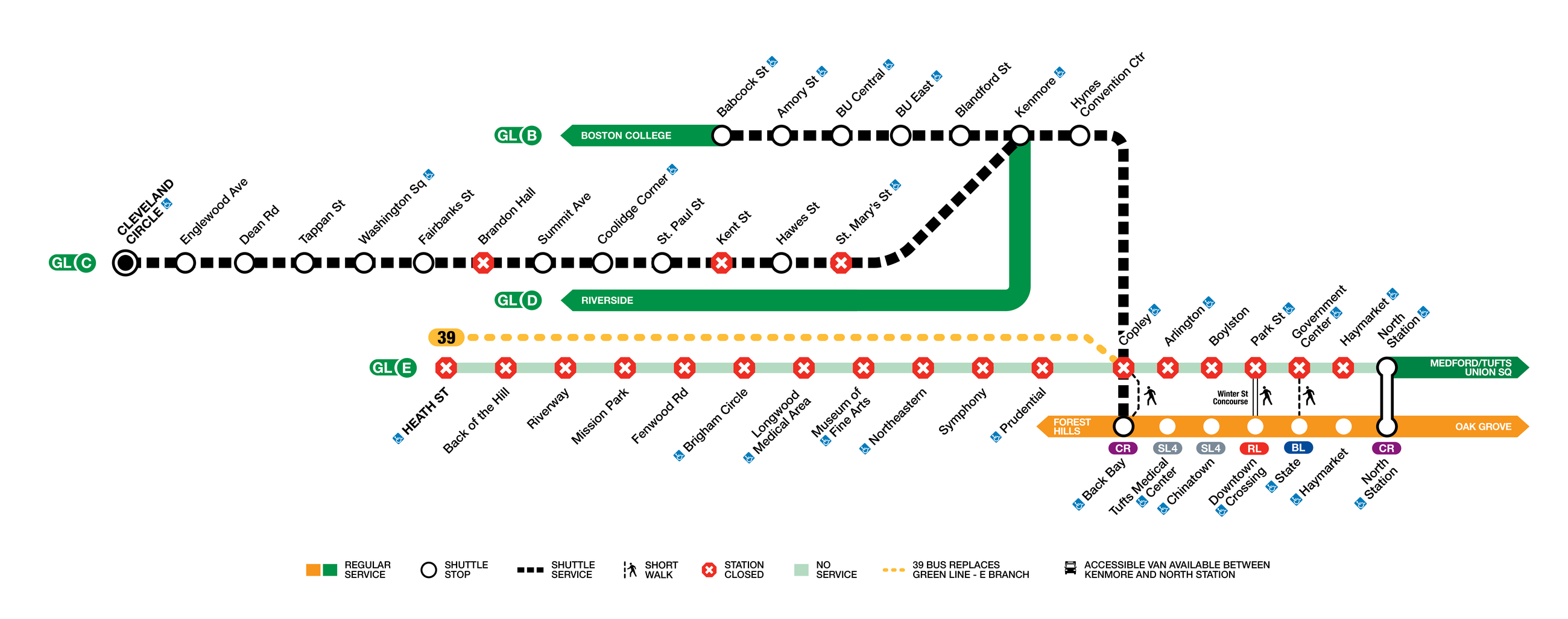 Shuttle stops and closed stations for the Green Line closure