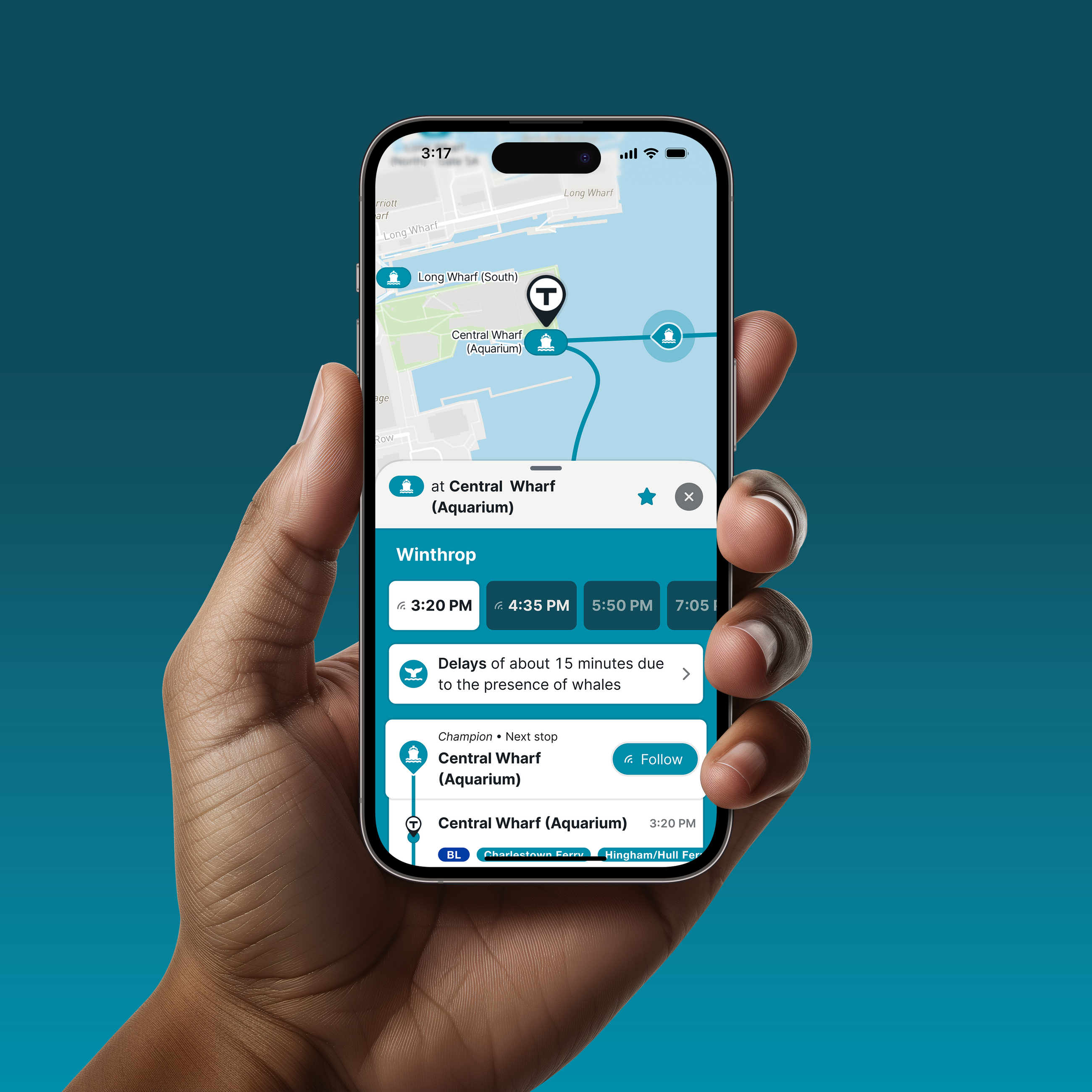 A hand holds a mobile phone which shows a blue ferry route on the screen