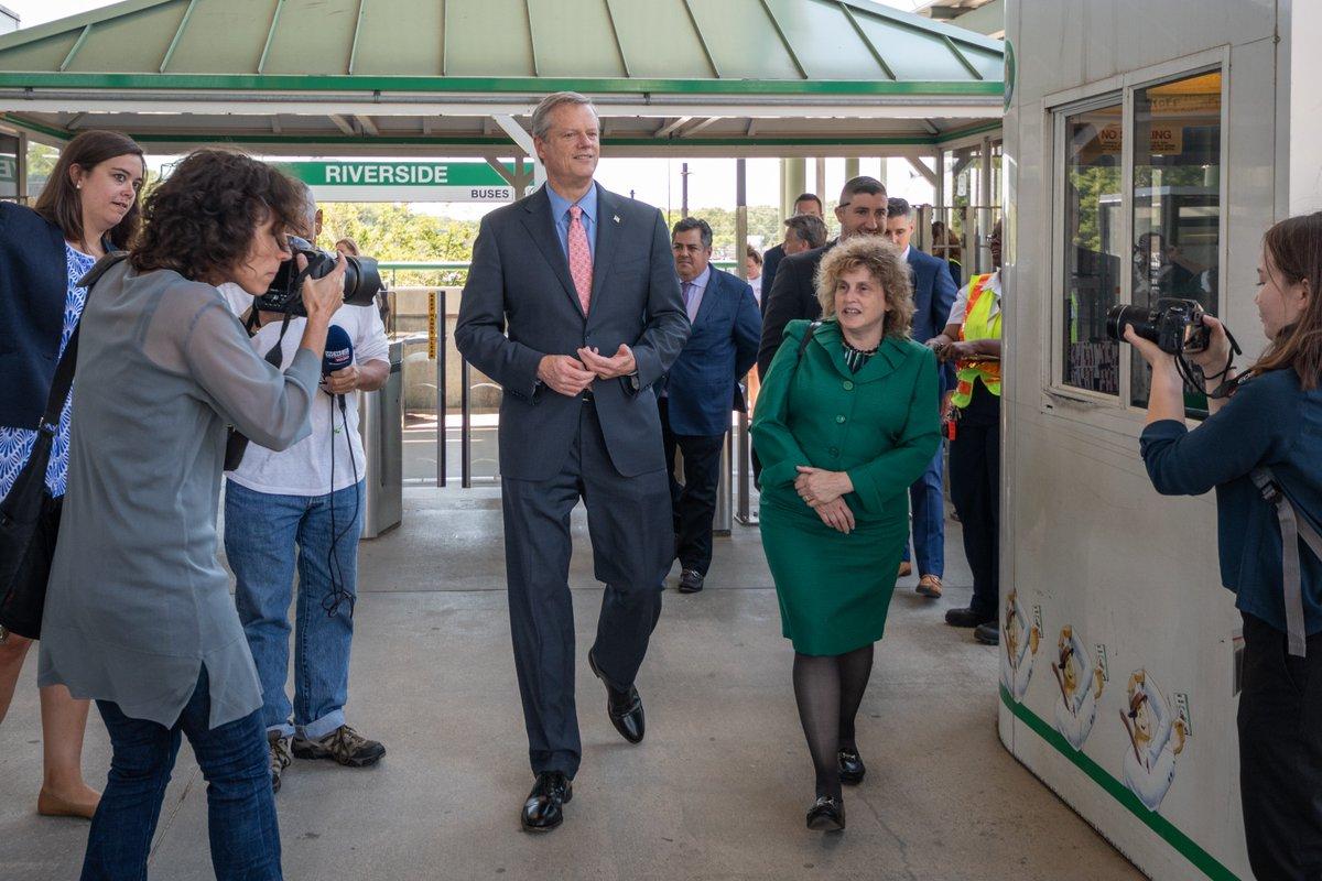 Governor Charlie Baker and Secretary of Transportation Stephanie Pollack at Riverside for the premiere of a new Green Line car