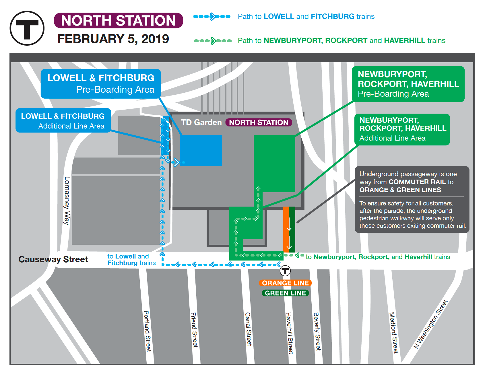 Boarding locations at North Station. Lowell and Fitchburg lines board in the upper left corner, near TD Garden. Newburyport, Rockport, Haverhill lines board from Causeway Street.