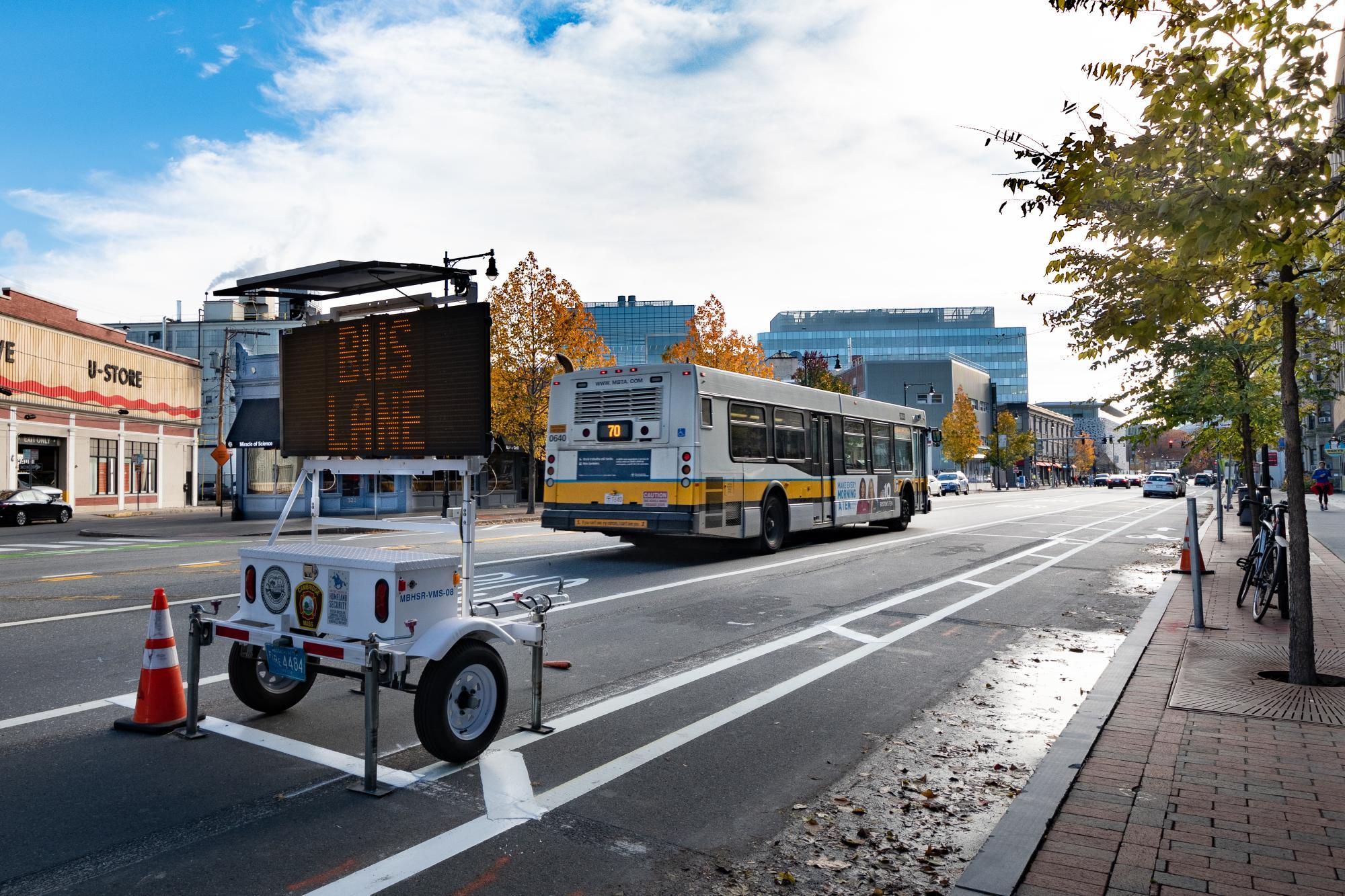 Bus lane on Massachusetts Ave in Cambridge, near Central Square (November 2018)
