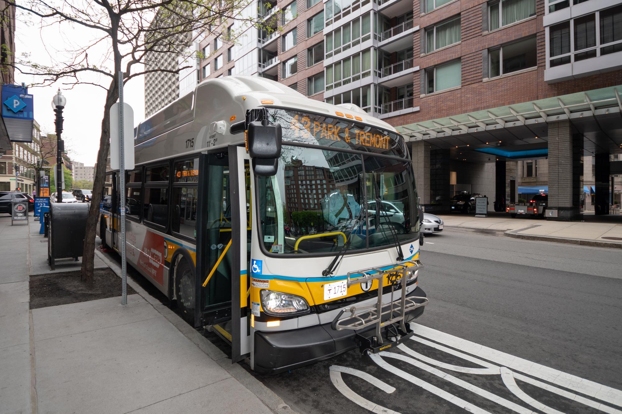 Route 43 Bus pulling up at bus stop