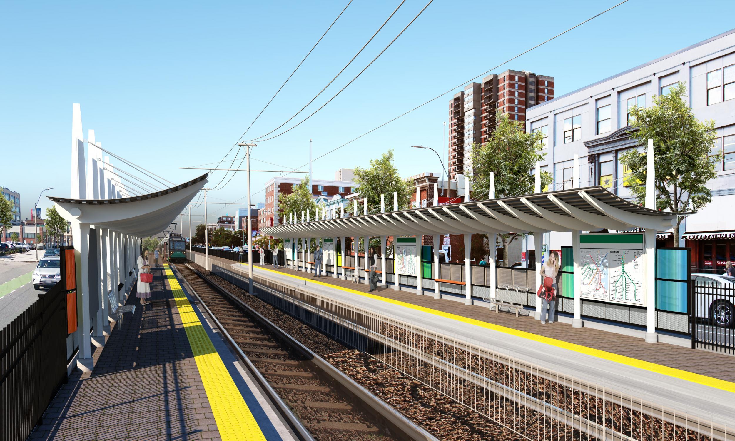 Rendering of the proposed station between Harry Agganis Way and Babock St, with a view of the platform.