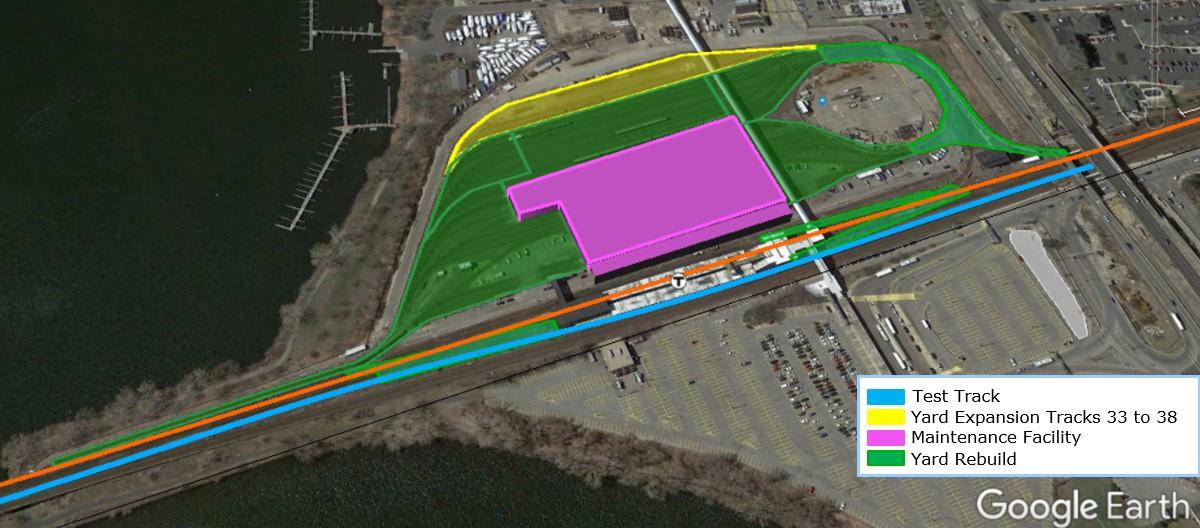 Aerial map of Orange Line infrastructure improvements, including: test track, Wellington yard expansion and rebuild, maintenance facility.