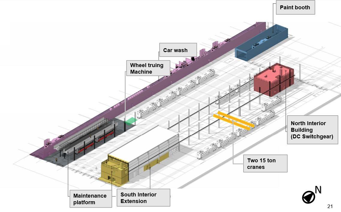 Cabot Maintenance Facility: Planned improvements, including a maintenance platform, car wash, paint booth, wheel truing machine, and cranes. Rendering by designer on record.