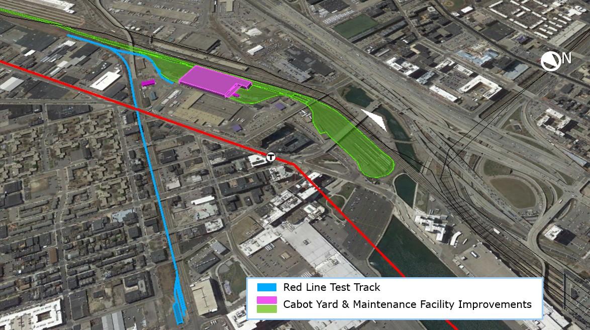 Aerial map outlining Cabot Yard, which surrounds the Maintenance Facility. Red Line test track runs next to it and into the yard.