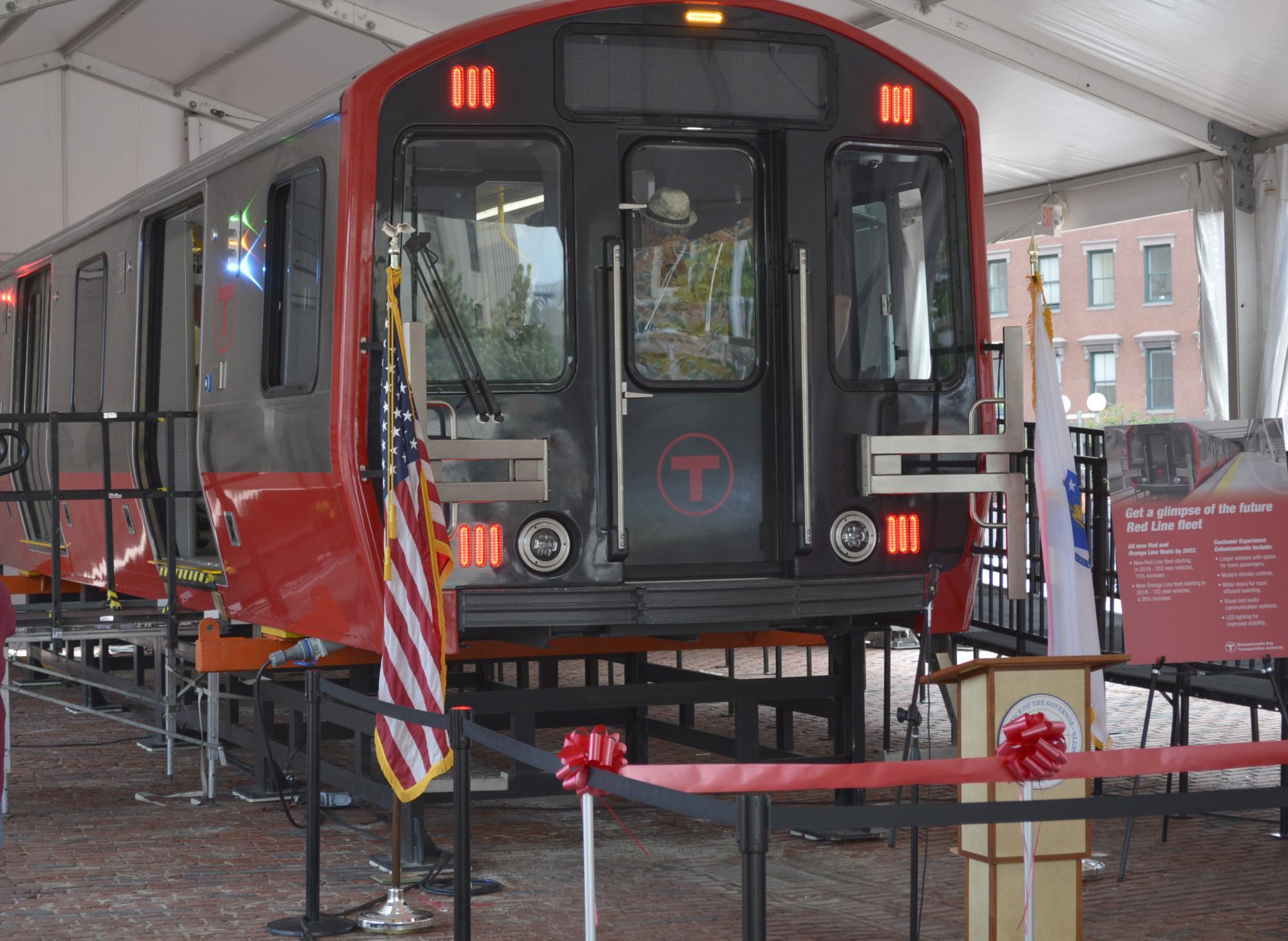 Red Line mock-up car on display in City Hall Plaza