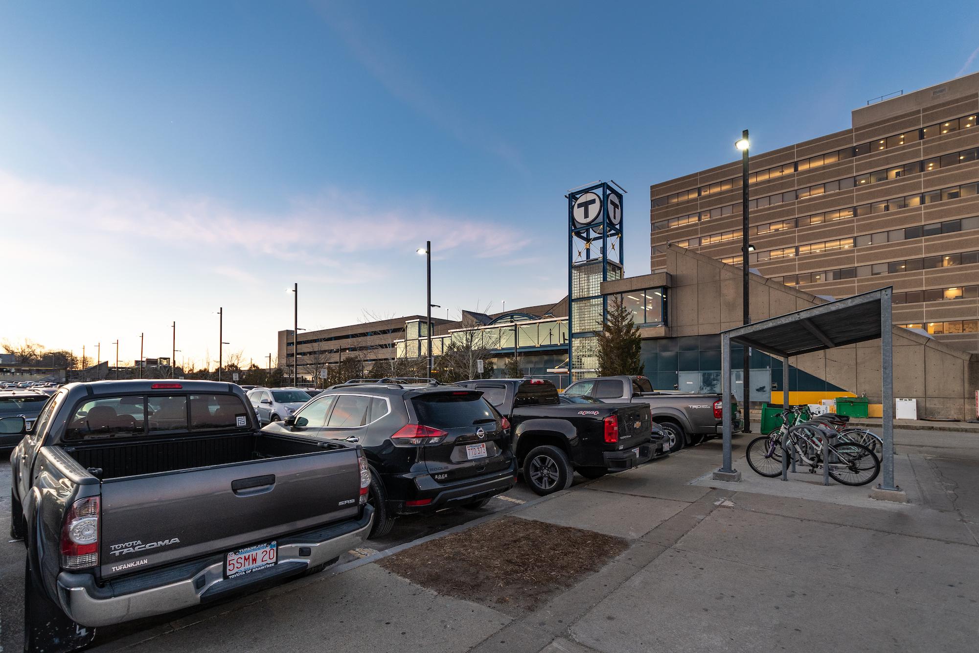 North Quincy station, parking lot, and bike racks