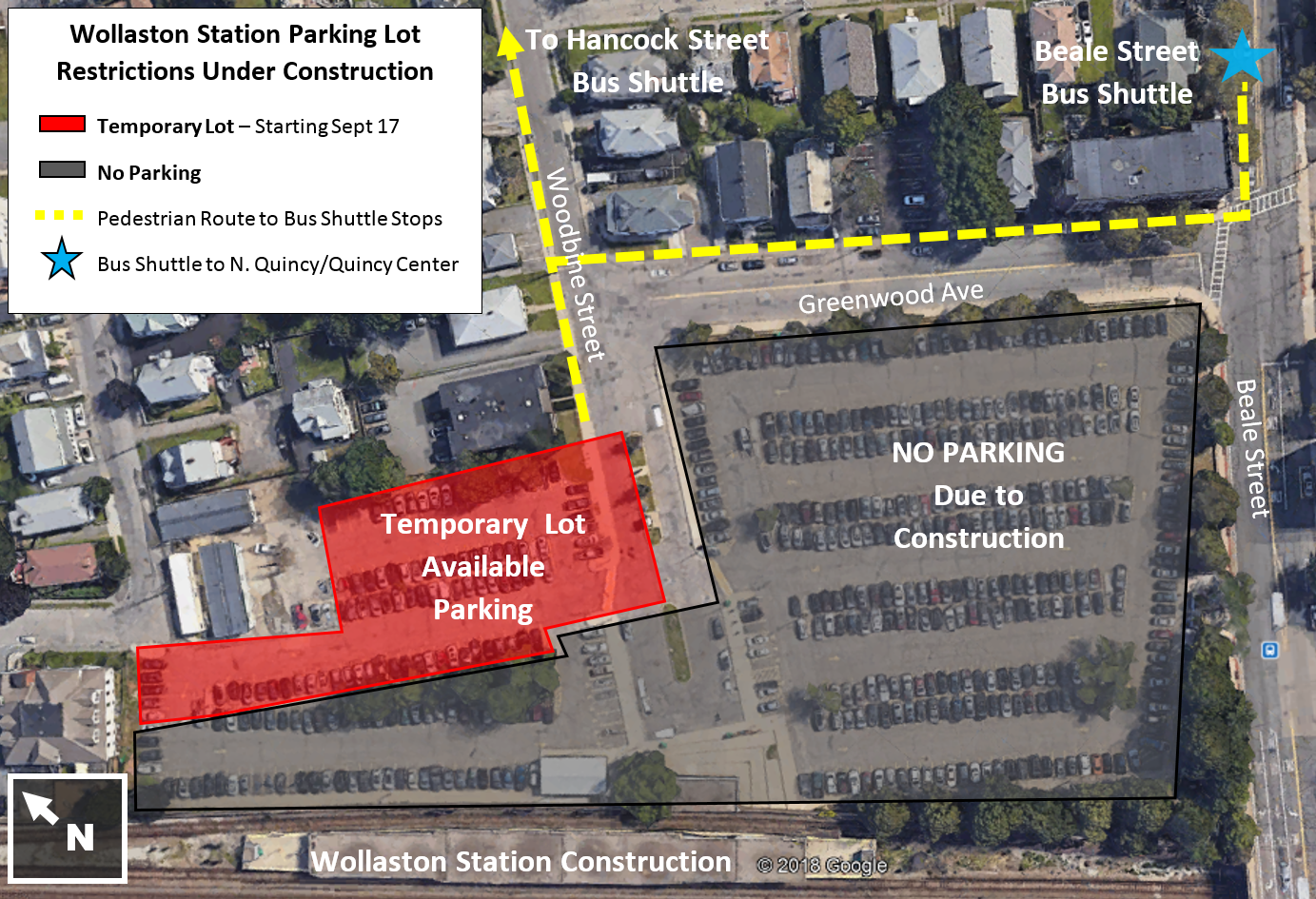 Wollastion station parking lot map. Parking closed due to construction; temporary lot to the left.