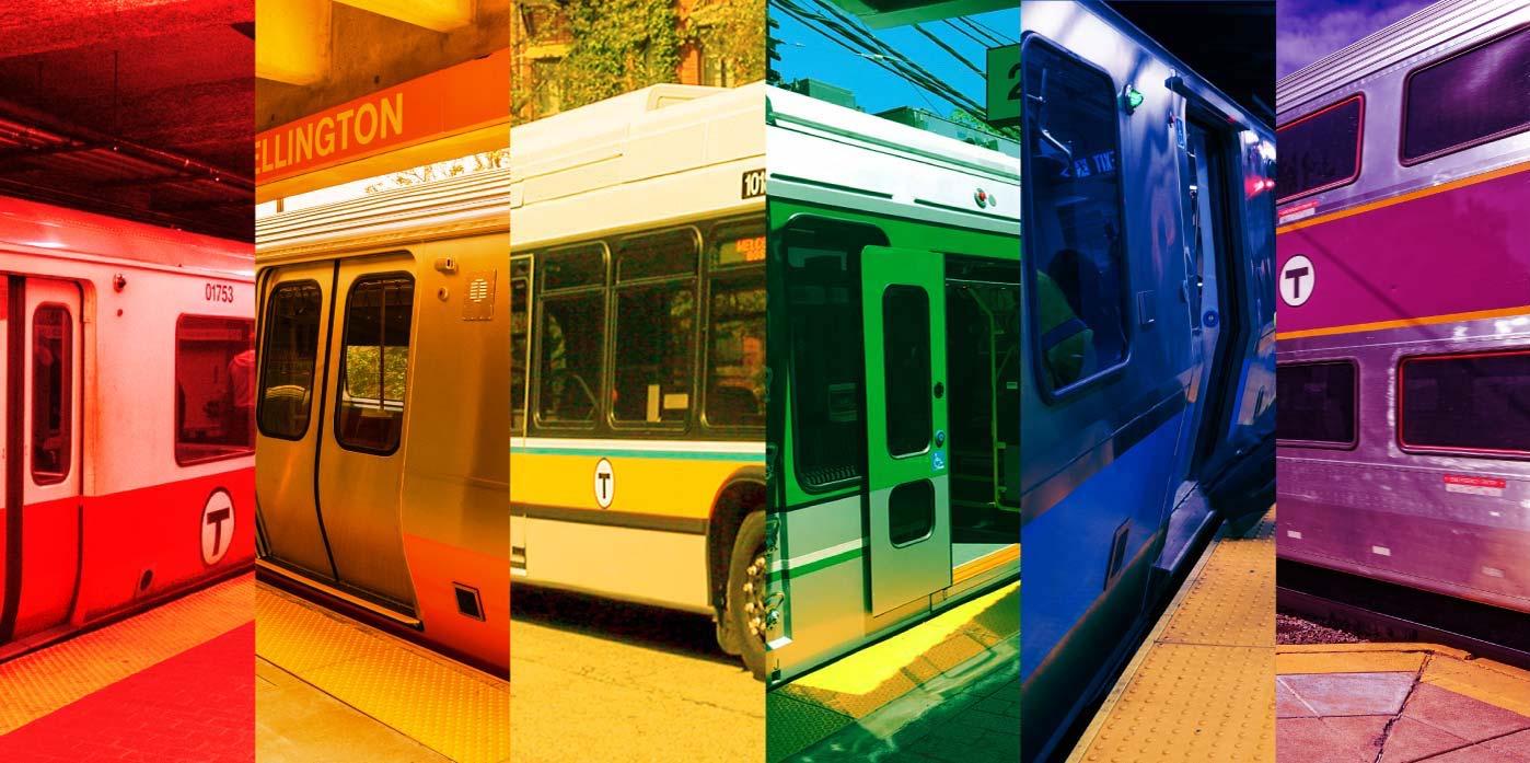 Rainbow colors using MBTA vehicles: Red Line car, Orange Line car, yellow from the side of a bus, Green Line car, Blue Line car, purple on a Commuter Rail car