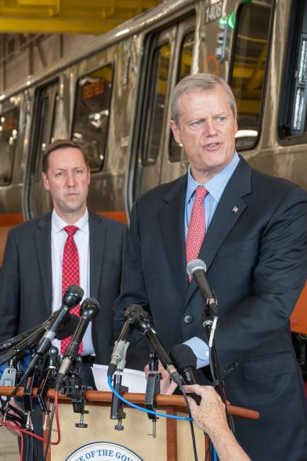 MBTA General Manager Steve Poftak and Governor Charlie Baker at a press conference at the Wellington Station