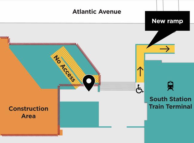 Map showing the L-shaped Atlantic Ave ramp on the corner of the South Station train terminal. See text for details.