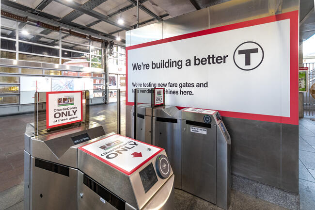 A CharlieCard-only gate at MGH, part of a field test for the new Fare Transformation project