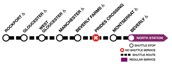 This graphic shows shuttle buses replacing trains between Beverly and Rockport with no service at Pride's Crossing.
