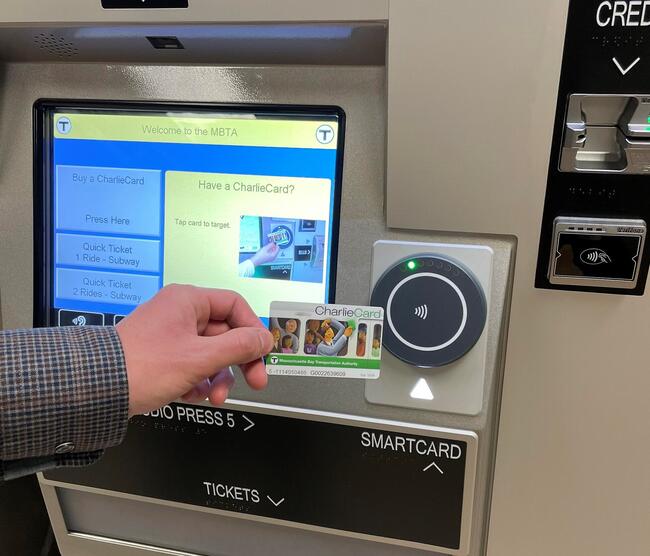 New fare vending machines have tap targets for contactless payment methods and allow riders to purchase and reload CharlieCards