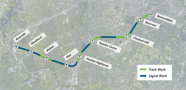 The MBTA performed track and signal work from Riverside to Beaconsfield Stations.