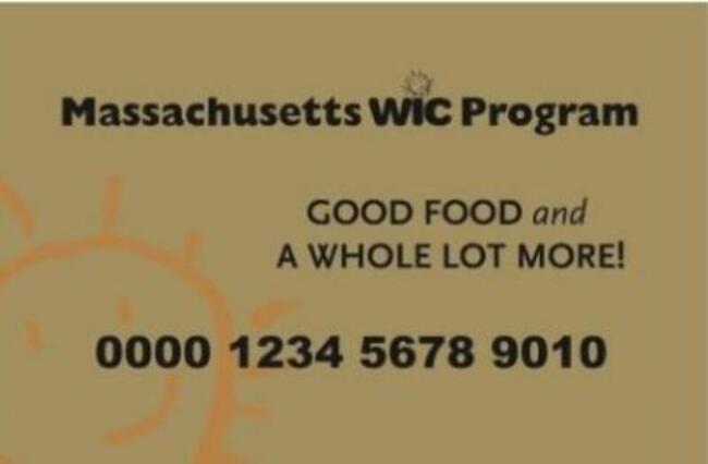 Example Massachusetts WIC program card that reads good food and a whole lot more above example card number