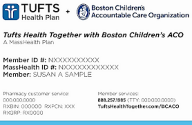 Example of Tufts Health Plan card with sample member ID numbers