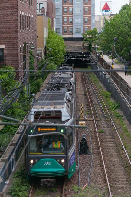 Green Line D train passes through the Fenway Portal