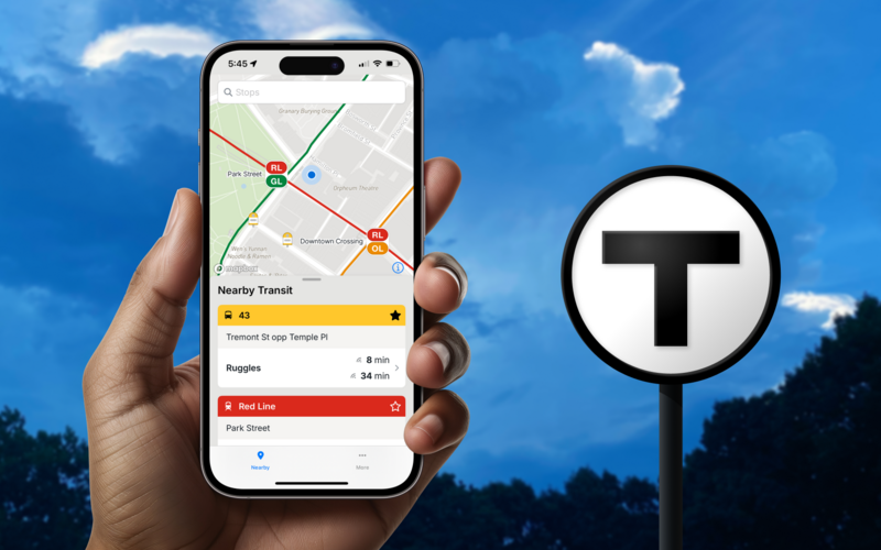 Hand holding an iPhone open to the MBTA Go mobile app, showing live arrival times for nearby Buses and Red Line vehicles.