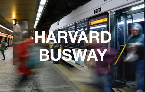 Riders get off the bus in Harvard Station's lower busway. White text overlaid reads "Harvard Busway."