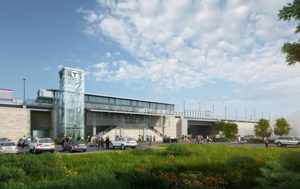 A rendering shows what Winchester Station will look like after accessibility improvements, with a new elevator, station signage, people in the parking lot, as viewed from the from the Aberjona parking lot.