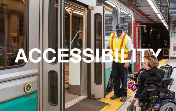 On the Green Line, an operator stands by the doors, as the bridge plate allows a rider in a wheeled mobility device to board. Text overlaid reads "Accessibility."