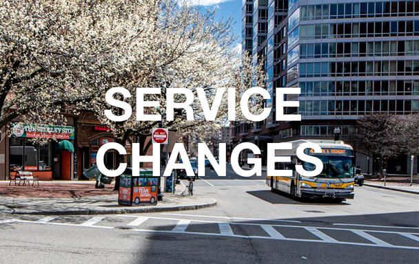 Overlaid text reads "Service Changes." A bus and a flowering tree in springtime are in the background.